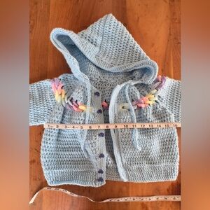 Vintage Cable Knit Hand Knit Infant Cardigan in Baby Boy Blue and Rainbow Colour